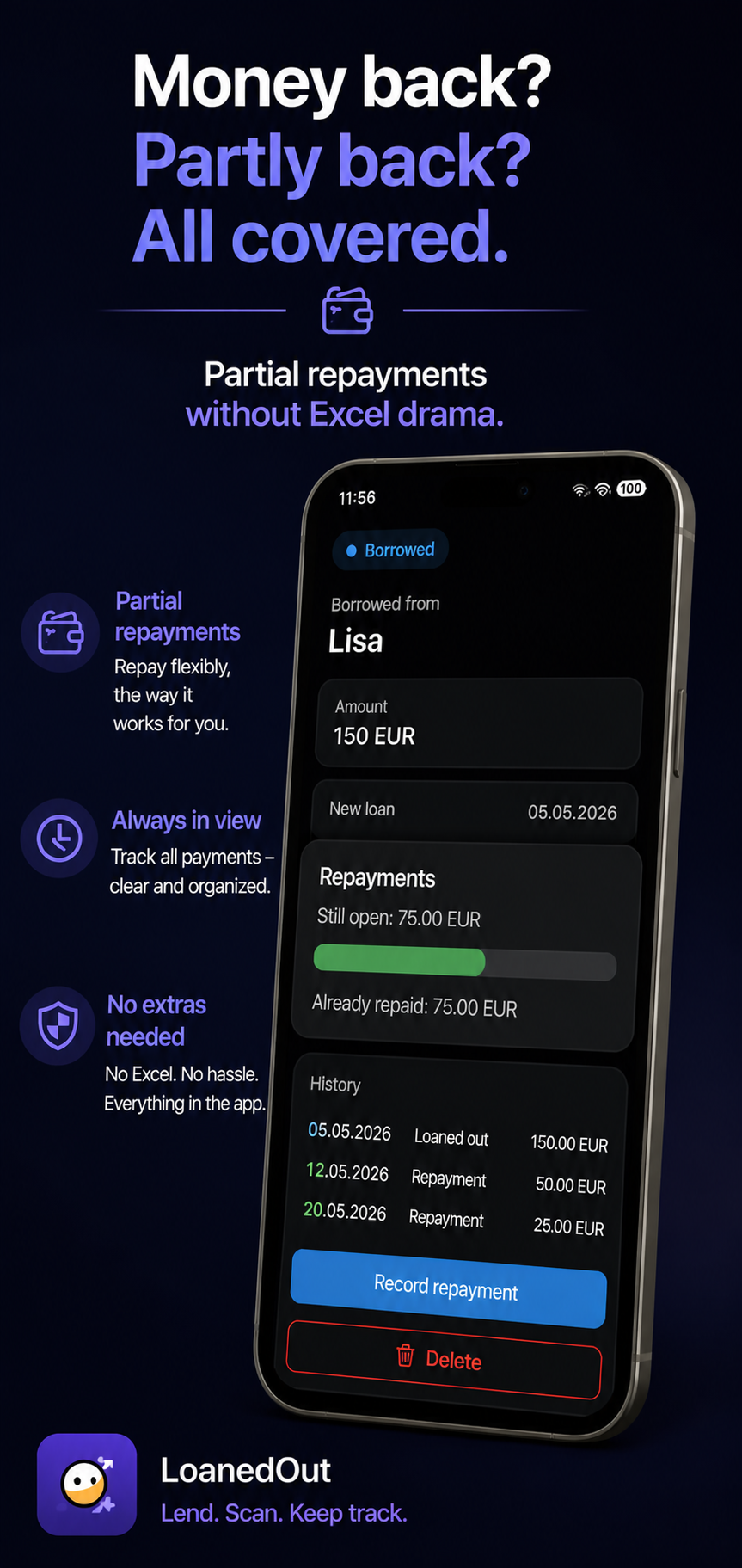 Track partial repayments